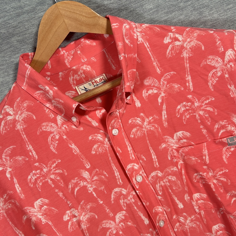 Huk Kona Shirt Mens 2XL Pink Tropical Fishing Button-Up Stretch Fish Summer